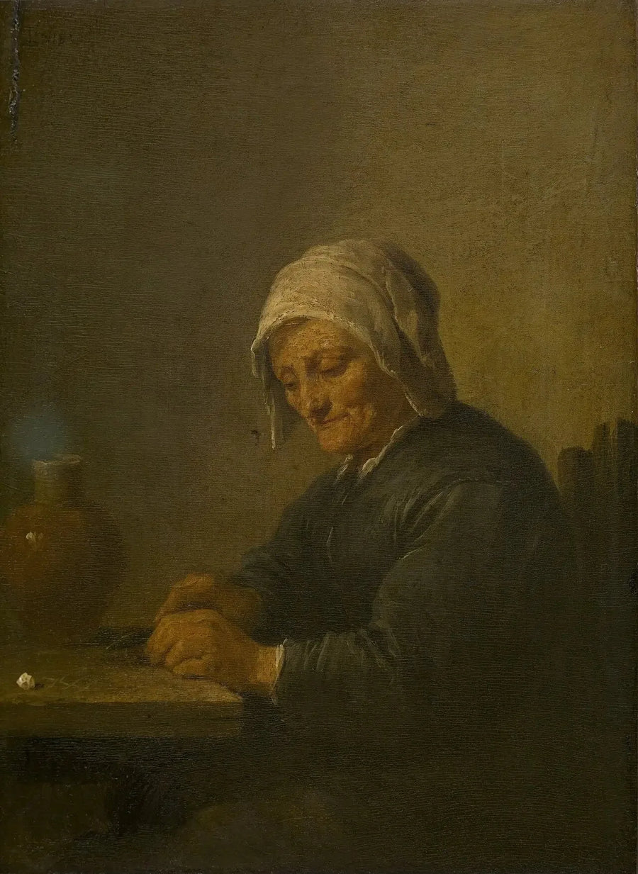 Una anciana cortando tabaco - David Teniers el Joven