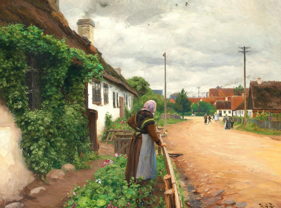 Una anciana mira a los niños del pueblo mientras juegan. - H. A. Brendekilde