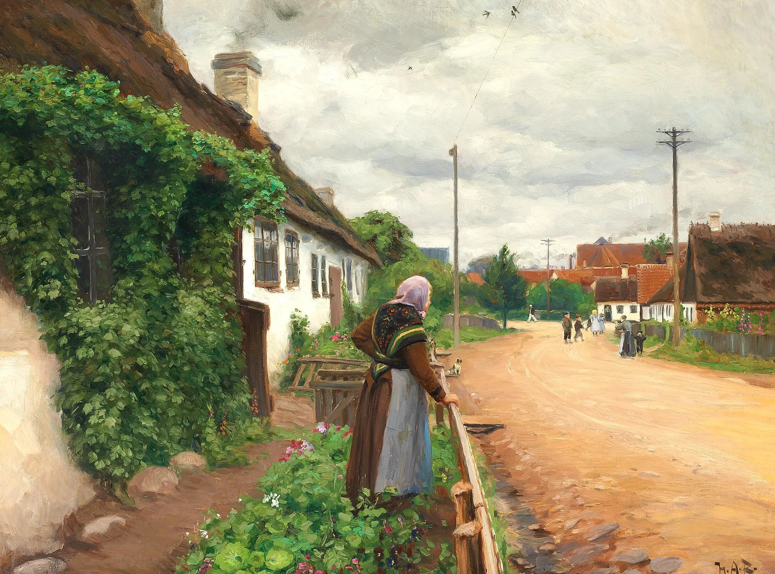 Une vieille femme regarde les enfants du village pendant qu’ils jouent. - H. A. Brendekilde - Alpha Reproduction