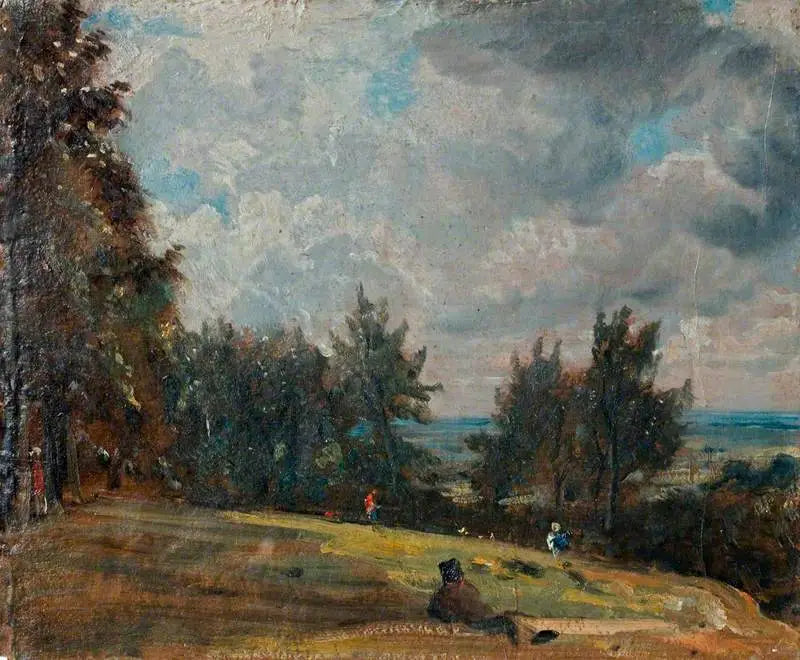 Una vista en Hampstead con árboles y personajes - John Constable