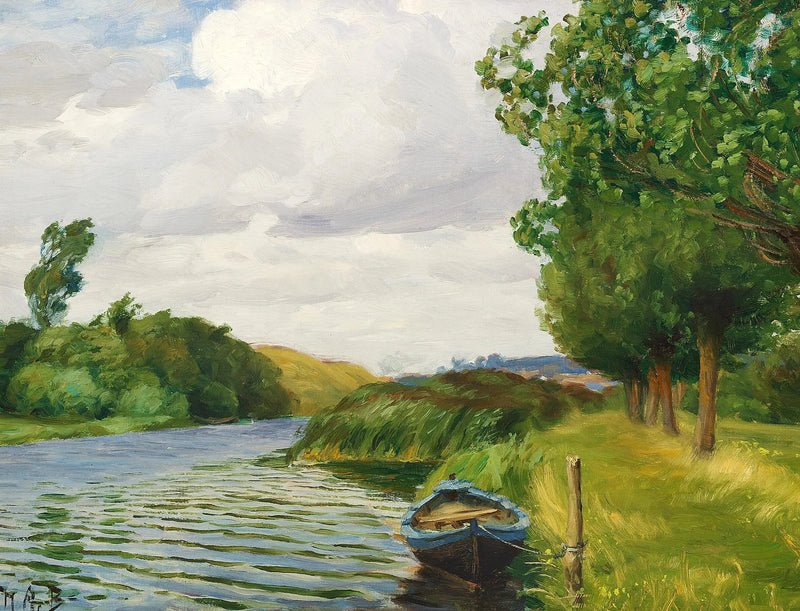 Una vista del río en Odense, con un barco. - H. A. Brendekilde
