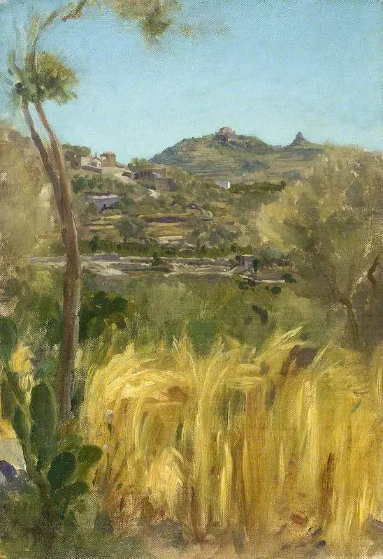 Una vista en Italia con un campo de maíz - Frederic Leighton