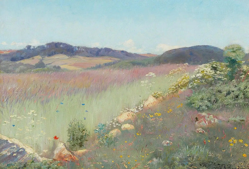 Una vista de un paisaje de verano danés con flores. - H. A. Brendekilde