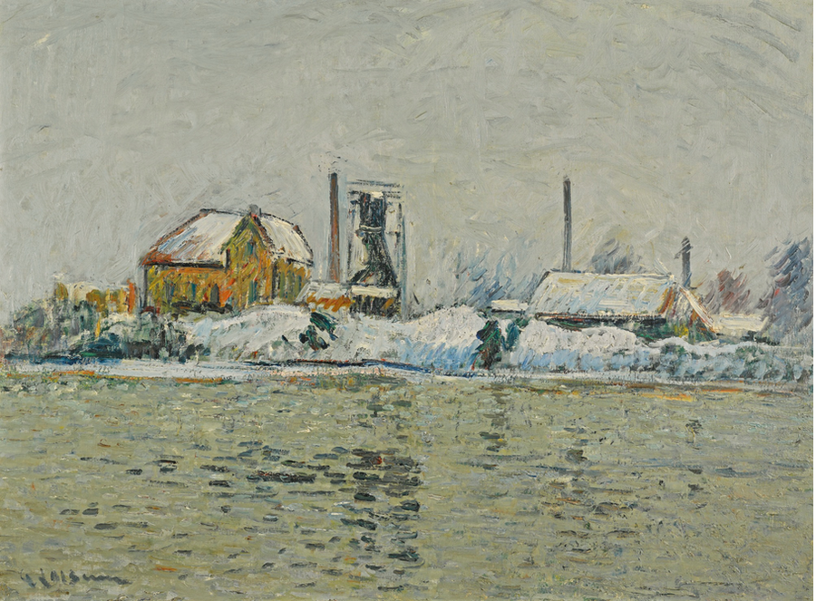 Fábrica junto al río Oise, efecto de nieve - Gustave Loiseau