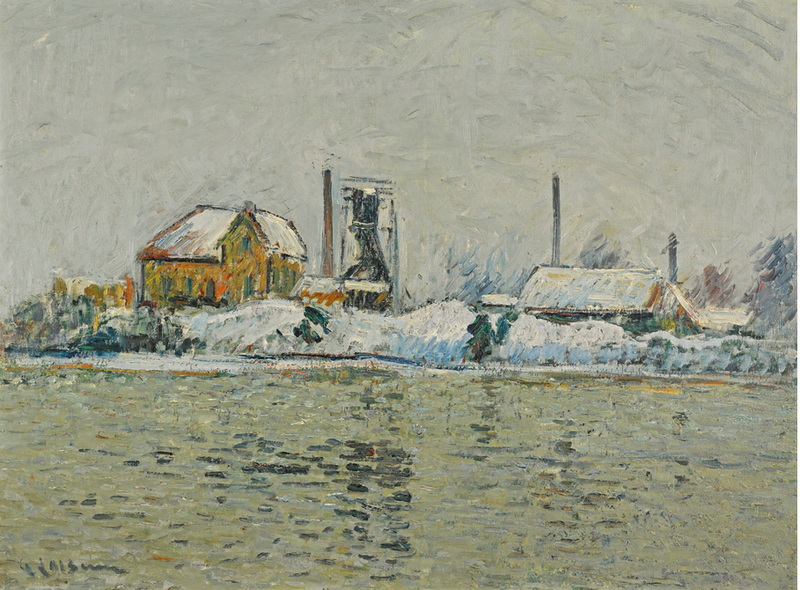 Fábrica junto al río Oise, efecto de nieve - Gustave Loiseau