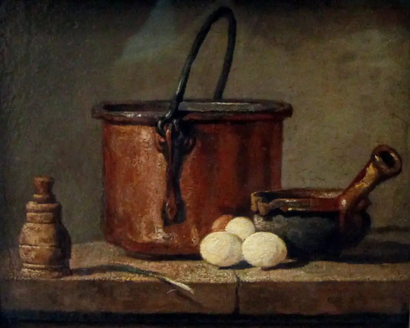 Utensilios de cocina, cazo, sartén y huevos - Jean Simeón Chardin
