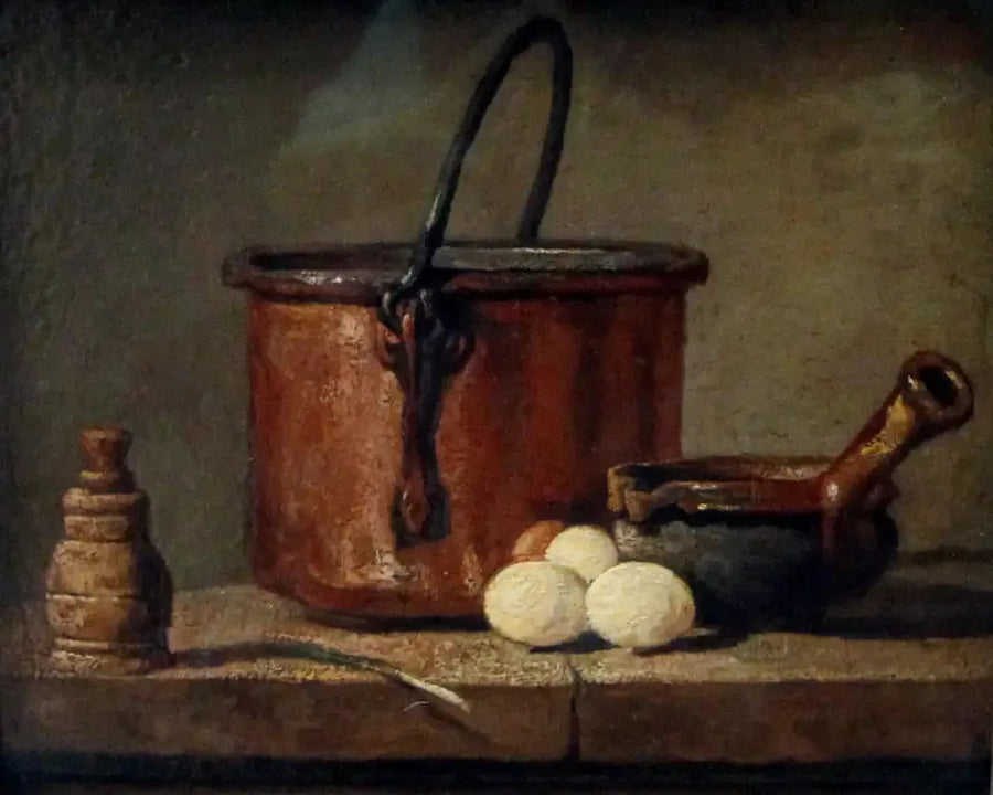 Utensilios de cocina, cazo, sartén y huevos - Jean Simeón Chardin
