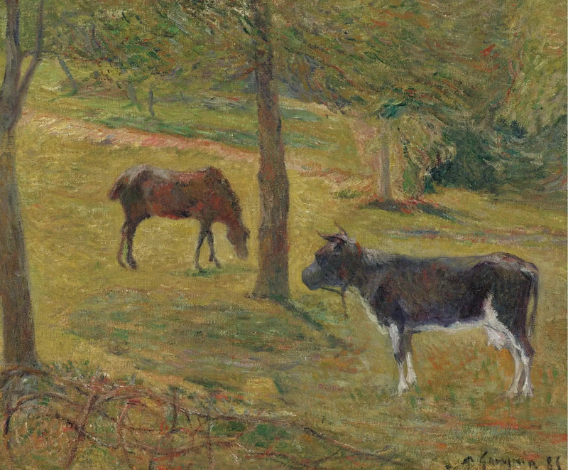 Vaca y caballo en un prado - Paul Gauguin