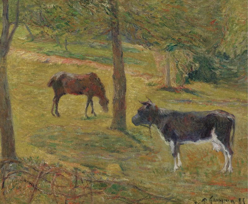 Vaca y caballo en un prado - Paul Gauguin