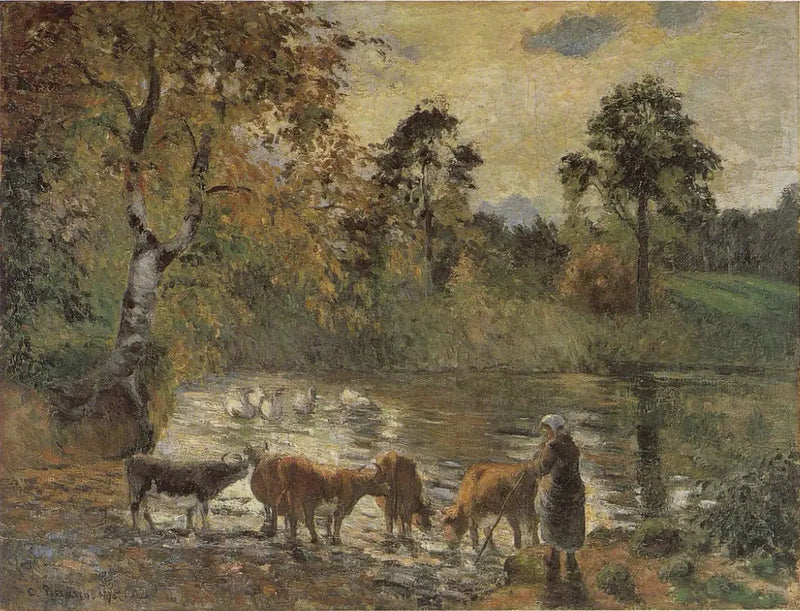Vacas bebiendo en el estanque de Montfoucault - Camille Pissarro