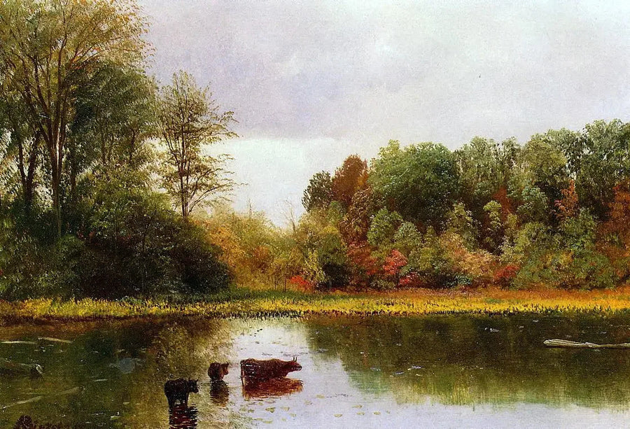 Vacas bebiendo en un paisaje - Albert Bierstadt