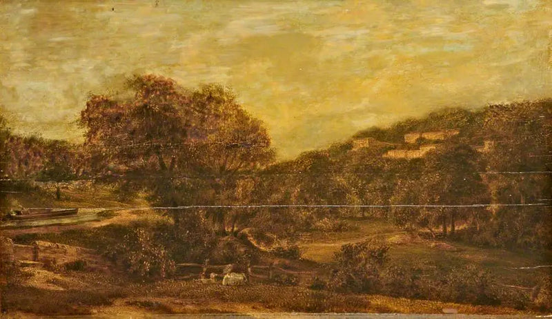 Valle boscoso con un arroyo y casas en la ladera de la colina - John Constable