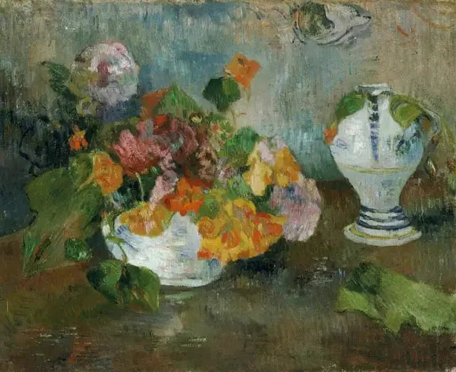 Jarrón con capuchinas y cerámica de Quimper - Paul Gauguin