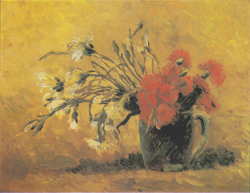 Jarrón con clavel rojo y blanco sobre fondo amarillo - Vincent van Gogh