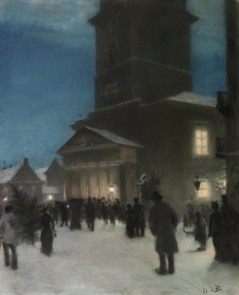 Víspera de Navidad frente a la iglesia Notre-Dame (Vor Frue Kirke) en Copenhague. - H. A. Brendekilde