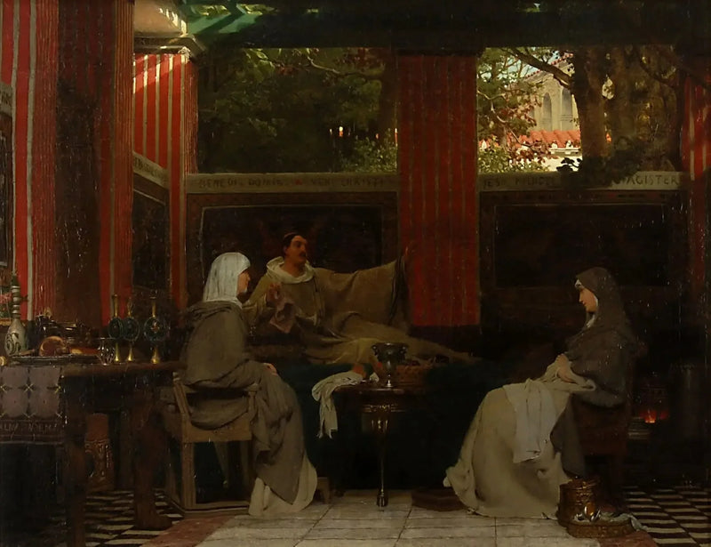 Venantius Fortunatus recita sus versos a Radagonda VI y a la abadesa del monasterio de Poitiers - Lawrence Alma-Tadema