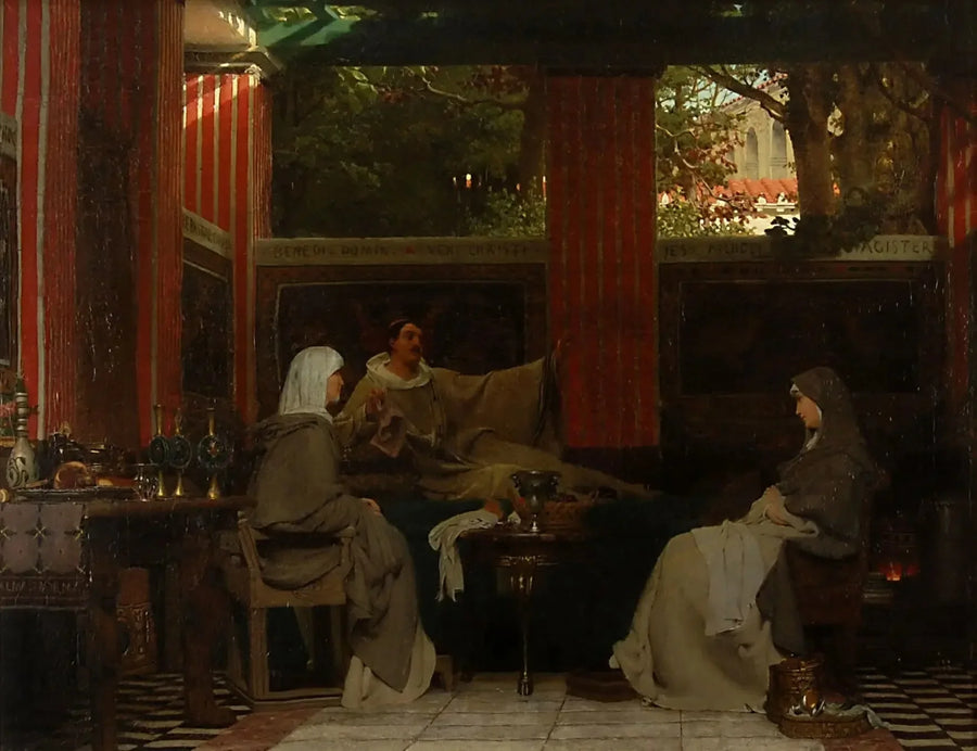 Venantius Fortunatus recita sus versos a Radagonda VI y a la abadesa del monasterio de Poitiers - Lawrence Alma-Tadema