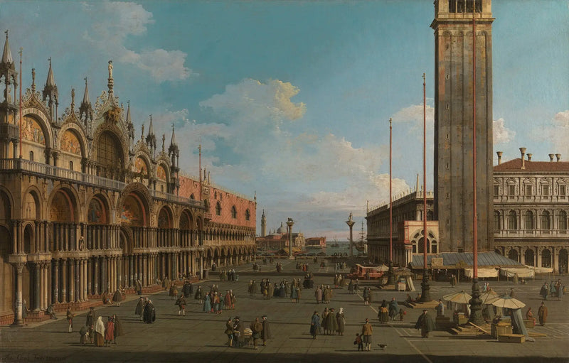 Venecia: la Plaza y la Piazzetta de la Torre dell'Orologio hacia San Giorgio - Canaletto