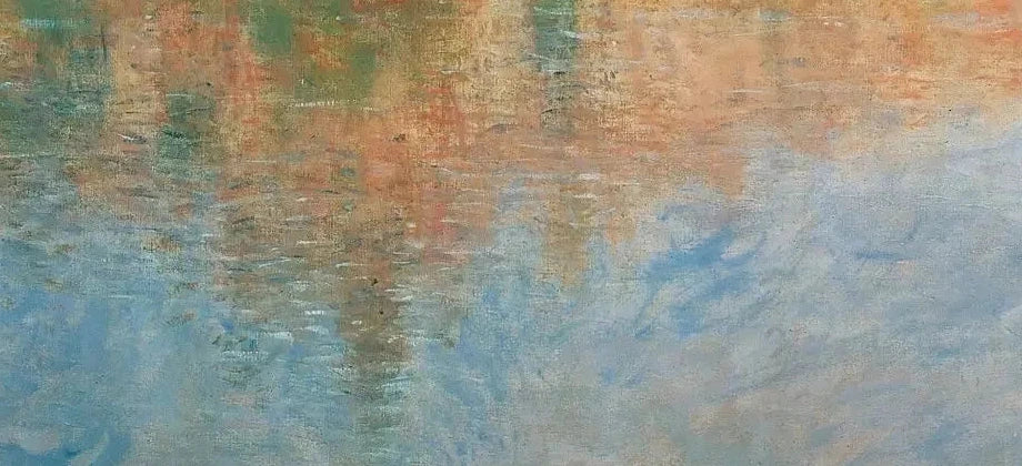Détail des reflets bleus, roses et verts sur la Seine devant Vétheuil