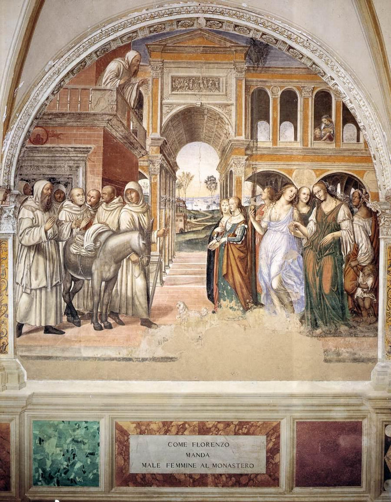 Vida de san Benedicto, escena 19: Benedicto expulsa a las prostitutas - Él Sodoma (Giovanni Antonio Bazzi)