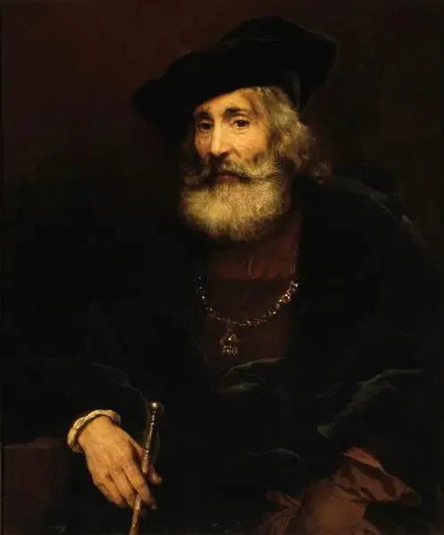 Viejo sentado con un bastón en un traje extravagante - Rembrandt