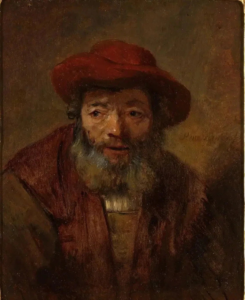 Retrato de un anciano con barba y sombrero rojo - Rembrandt