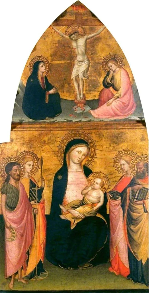 Virgen con el Niño y cuatro santos y Cristo crucificado - Jacopo di Cione