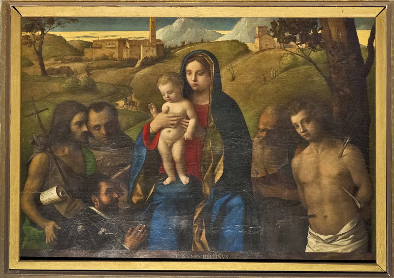 Virgen con el Niño y cuatro santos (Juan Bautista, Francisco, Jerónimo y Sebastián (de izquierda a derecha)) y el donante - Giovanni Bellini