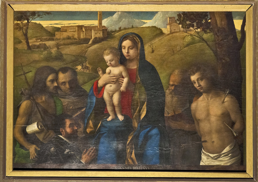 Virgen con el Niño y cuatro santos (Juan Bautista, Francisco, Jerónimo y Sebastián (de izquierda a derecha)) y el donante - Giovanni Bellini