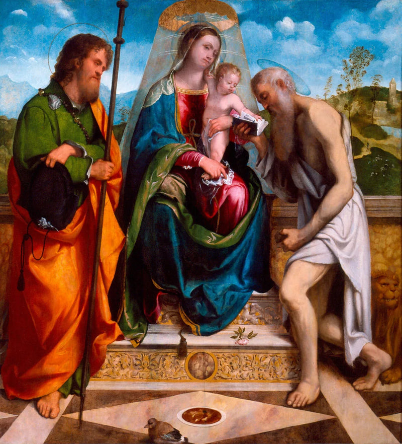 Virgen con el Niño con san Jacobo el Mayor y san Jerónimo - Alessandro Bonvicino