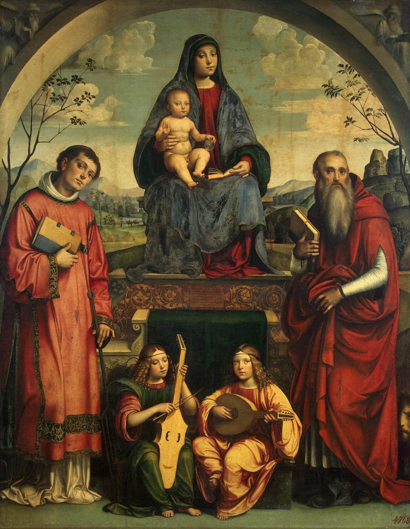 Virgen con el Niño, San Lorenzo, San Jerónimo y dos ángeles tocando música - Francesco Francia