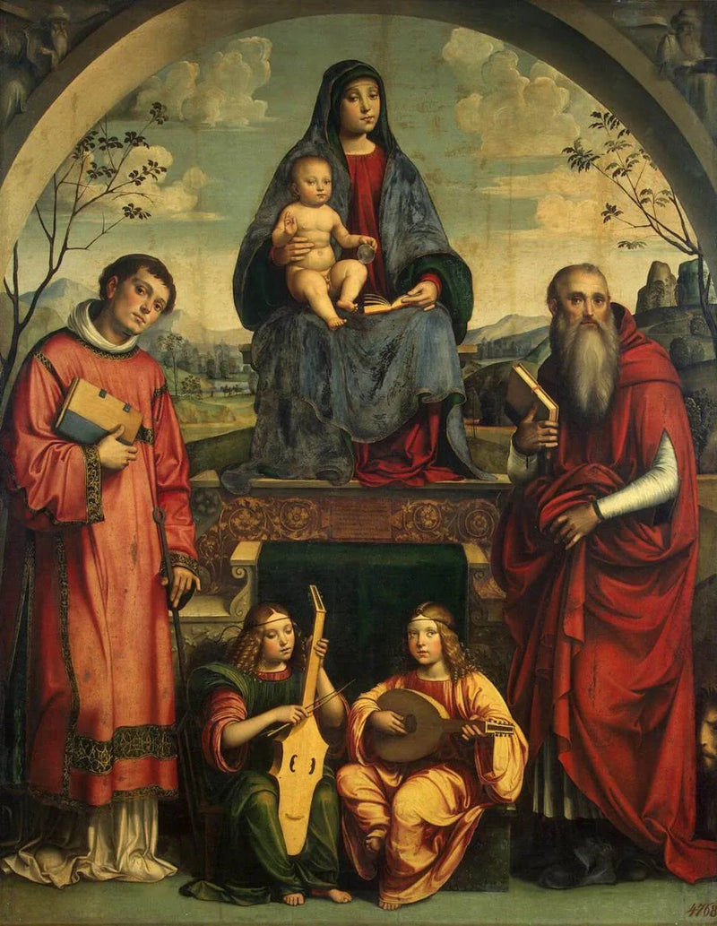 Virgen con el Niño, San Lorenzo, San Jerónimo y dos ángeles tocando música - Francesco Francia