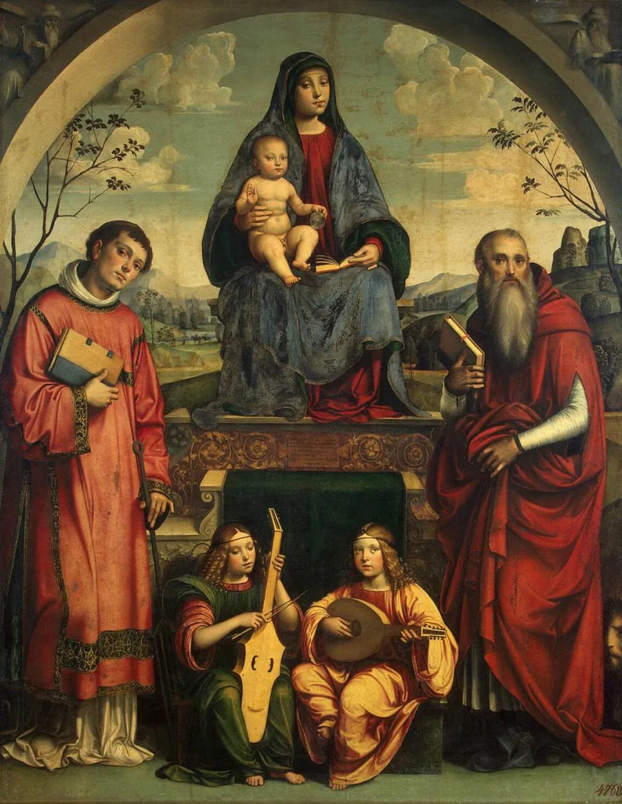 Virgen con el Niño, San Lorenzo, San Jerónimo y dos ángeles tocando música - Francesco Francia
