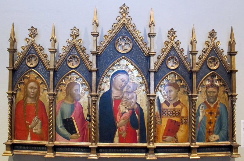 Virgen con el Niño, con santa María Magdalena, san Santiago el Mayor, san Esteban y un obispo. - Allegretto Nuzi