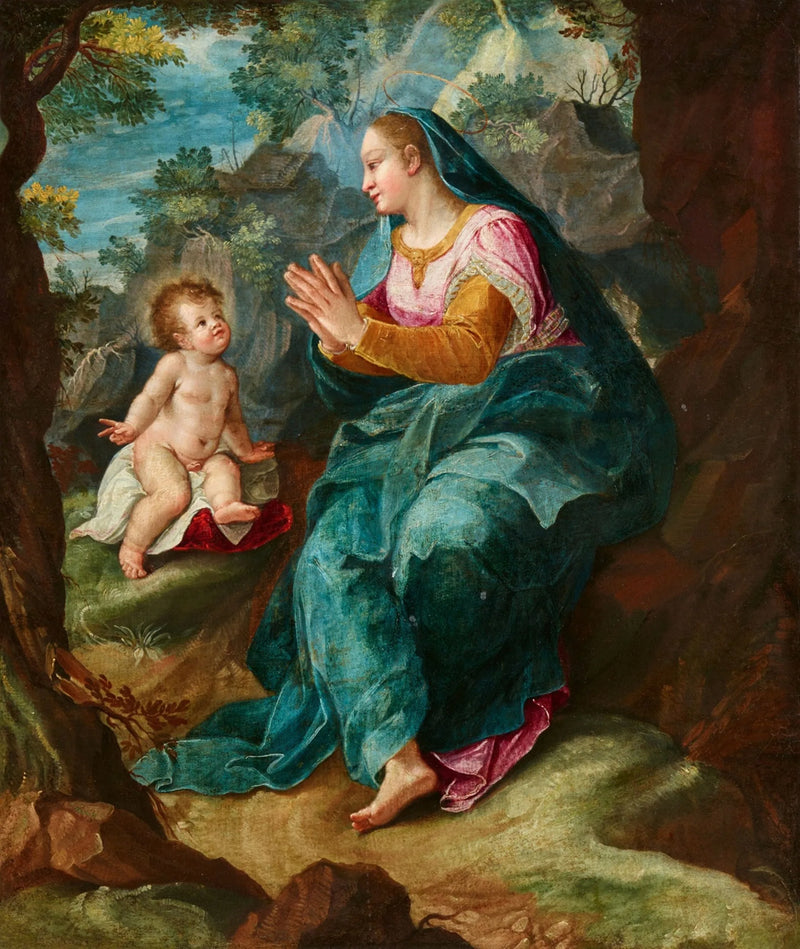 Virgen con el Niño en un paisaje rocoso - Denis Calvaert
