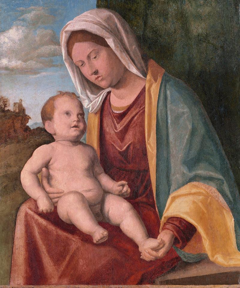 Virgen con el Niño frente a un paisaje con cortinas - Cima da Conegliano