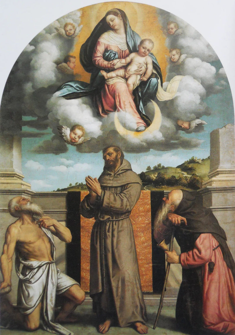 Virgen con el Niño en gloria con san Jerónimo, san Francisco de Asís y san Antonio abad - Alessandro Bonvicino