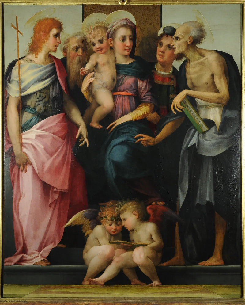 Virgen con el Niño en majestad con los santos Juan Bautista, Abad Antoine, Esteban y Jerónimo - Rosso Fiorentino