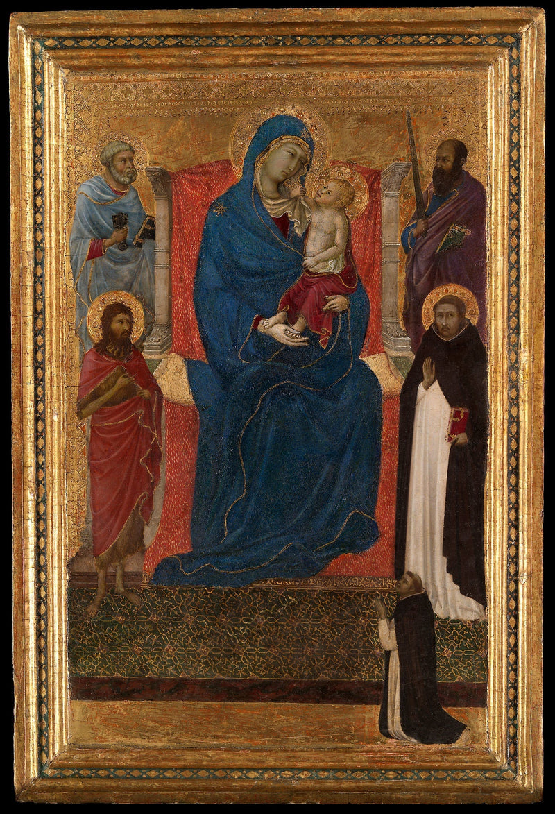 Virgen con el Niño en majestad con san Pedro, san Pablo, san Juan Bautista, san Domingo y un donante - Ugolino di Nerio