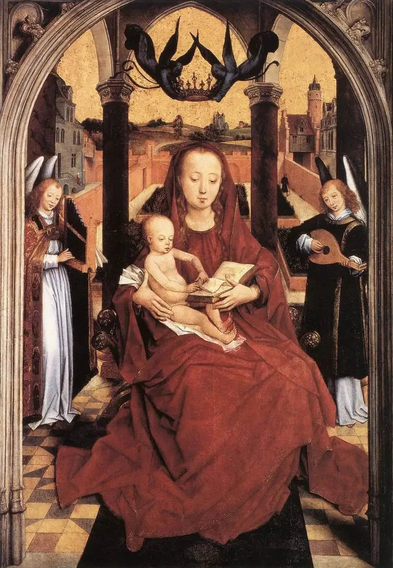 Virgen con el Niño en trono con dos ángeles músicos - Hans Memling