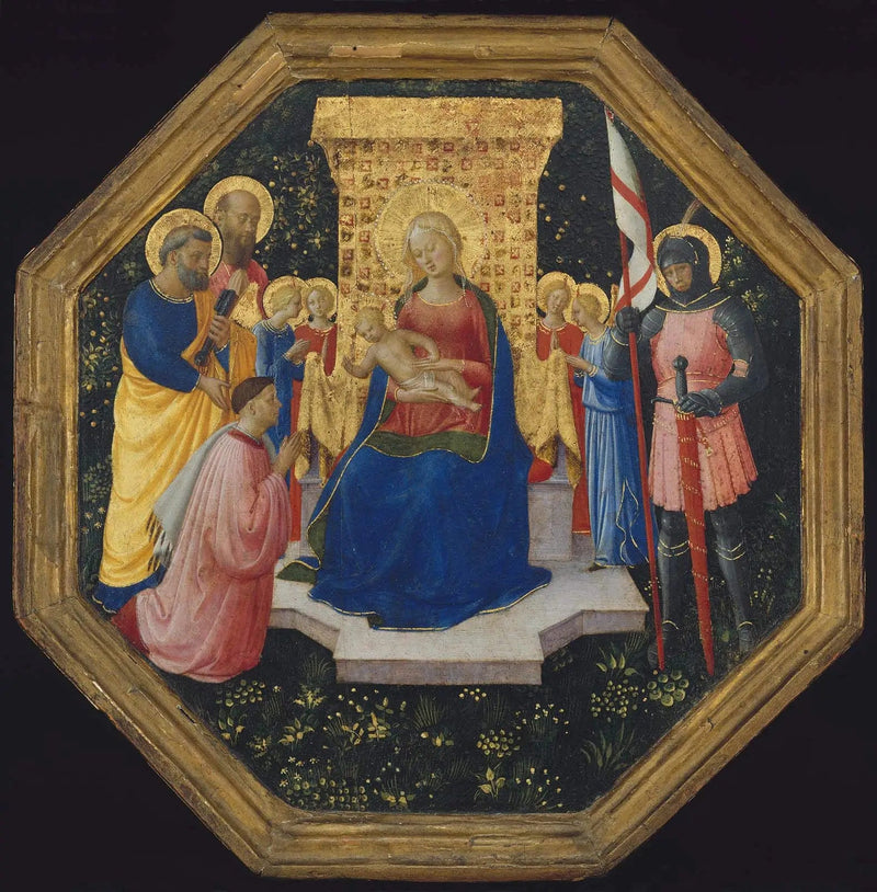 Virgen con el Niño en trono con los santos Pedro, Pablo y Jorge (?), cuatro ángeles y un donante - Fra Angelico