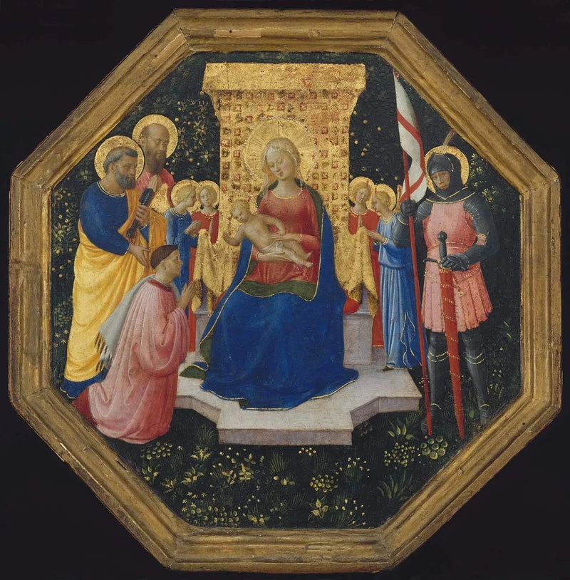 Virgen con el Niño en trono con los santos Pedro, Pablo y Jorge (?), cuatro ángeles y un donante - Fra Angelico