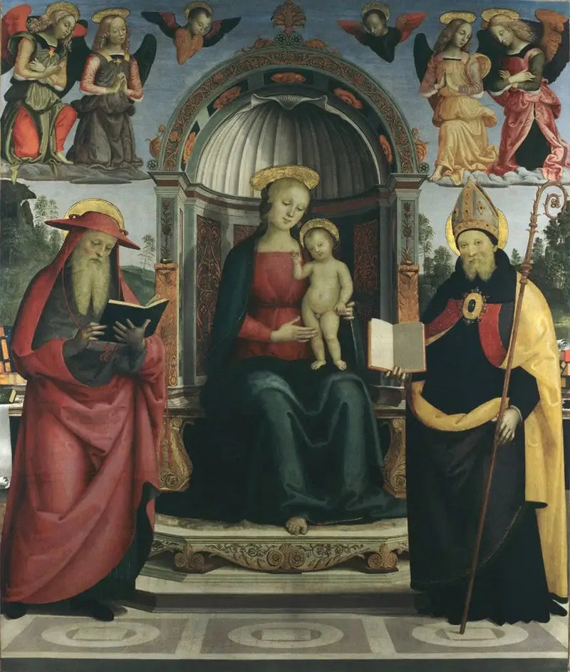 Virgen con el Niño en el trono entre san Jerónimo, san Agustín, cuatro ángeles y dos querubines - Pietro Perugino