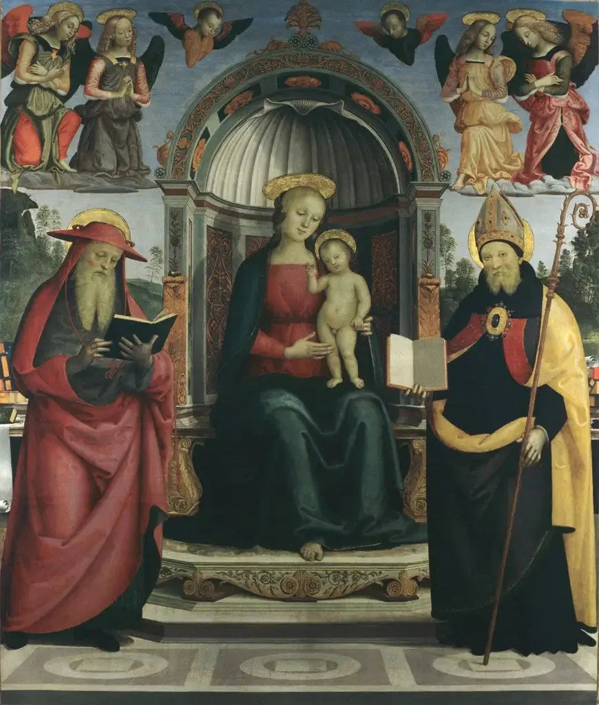 Virgen con el Niño en el trono entre san Jerónimo, san Agustín, cuatro ángeles y dos querubines - Pietro Perugino
