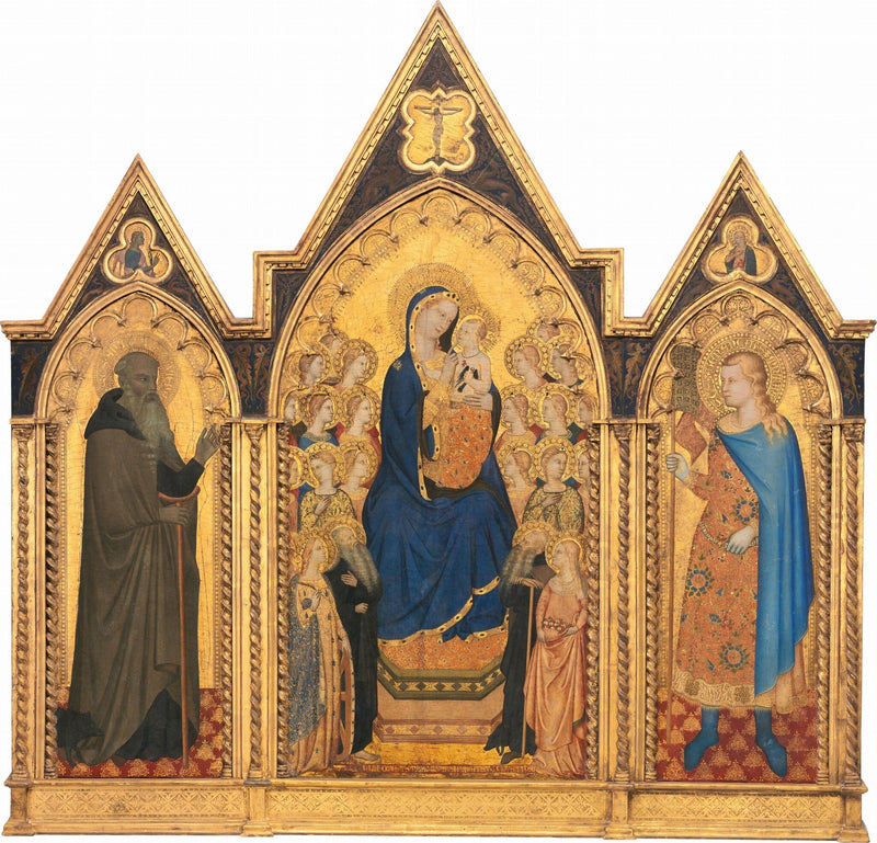Virgen con el Niño en trono con santos y ángeles, y san Antonio abad y san Venancio - Allegretto Nuzi