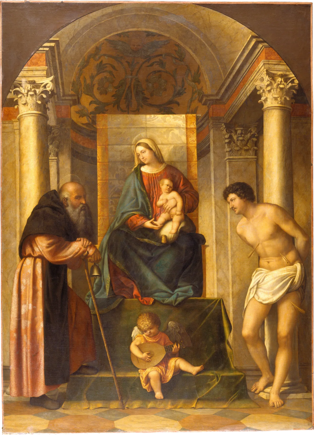 Vierge à l'Enfant trônant avec saint Antoine l'Abbé et saint Sébastien - Alessandro Bonvicino image 1 reproduction réalisée par Alpha Reproduction
