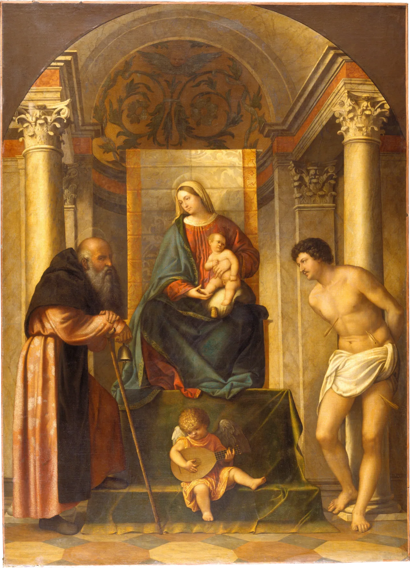 Virgen con el Niño en trono con san Antonio Abad y san Sebastián - Alessandro Bonvicino