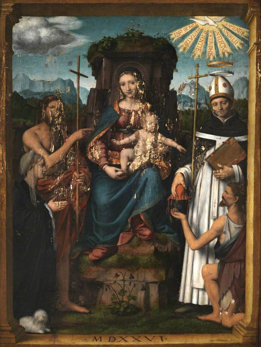Virgen con el Niño en trono con san Juan Bautista, san Antonino, una donante y un mendigo - Bernardino Luini