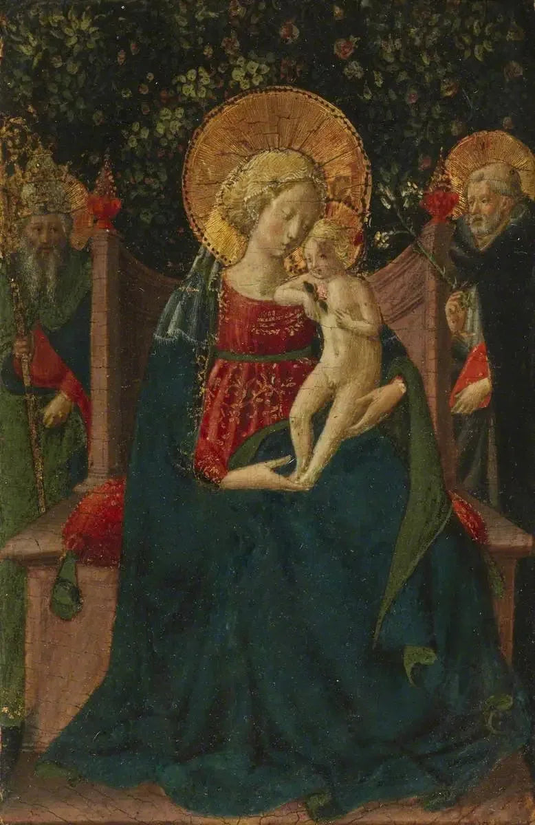 Virgen con el Niño sentado entre san Domingo y un santo papal (anteriormente atribuido a Domenico di Michelino) - Benozzo Gozzoli