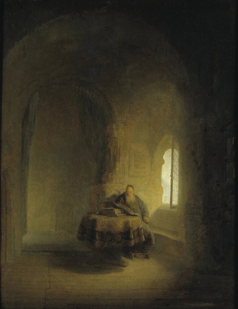 Un viejo sabio cerca de una ventana en una habitación abovedada - Rembrandt